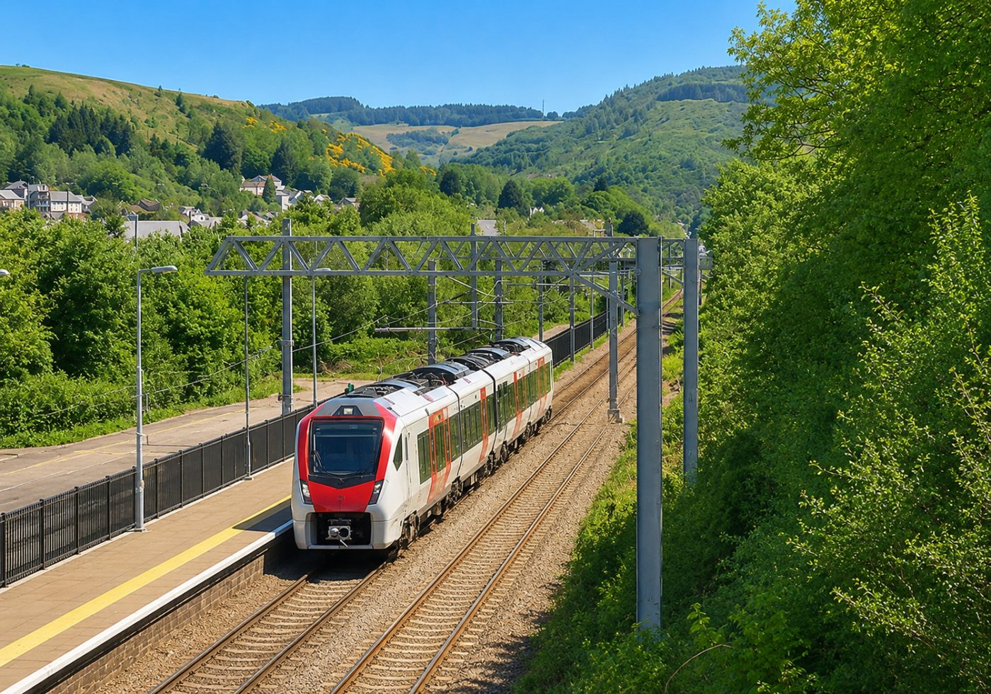 A train arriving at Treorchy station, with the Rhondda valley behind